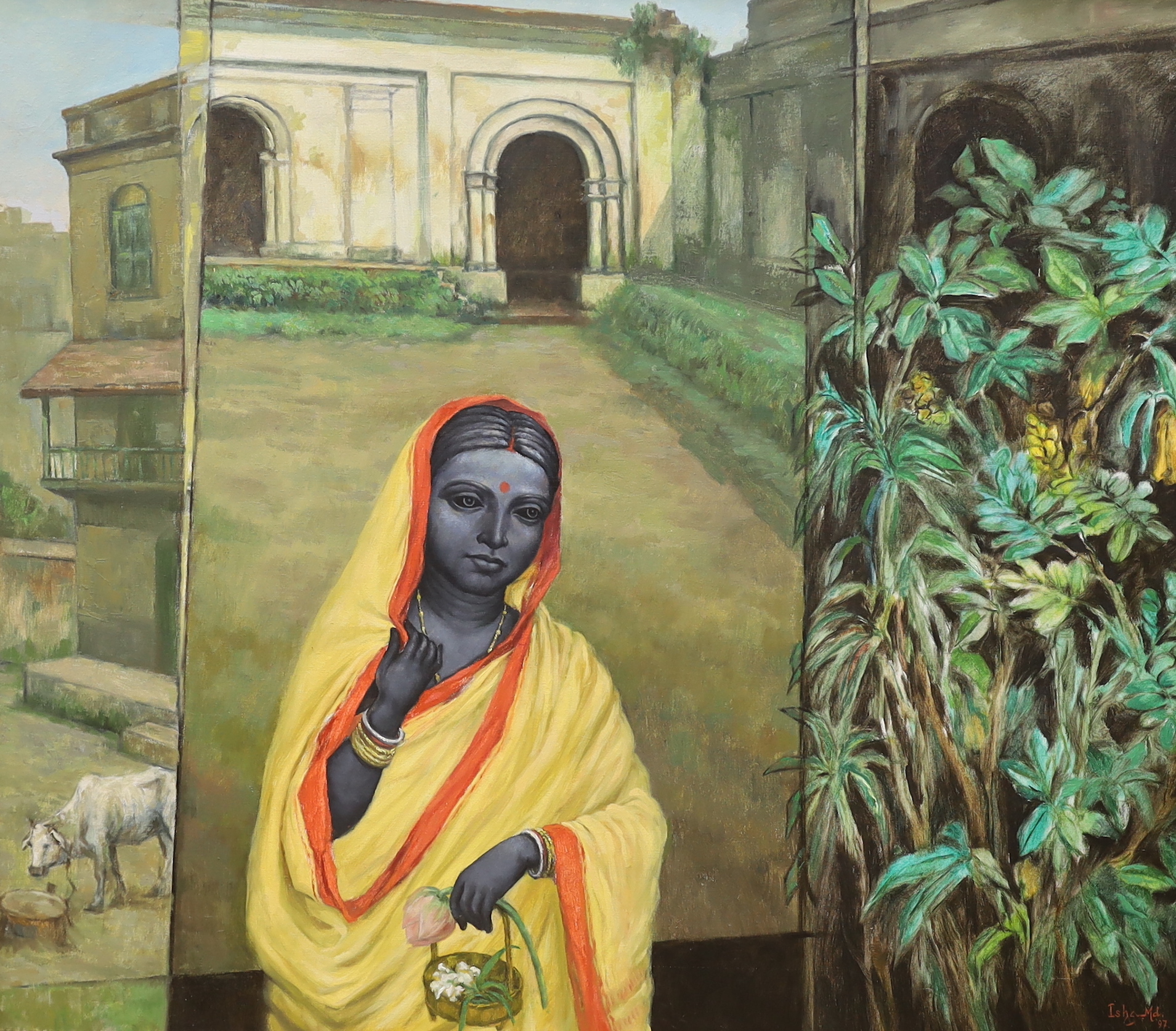 Isha Mahammad (Indian, b. 1933) oil on canvas, 'Departing Lakshmi', signed and dated ‘97, inscribed verso, 90 x 105cm